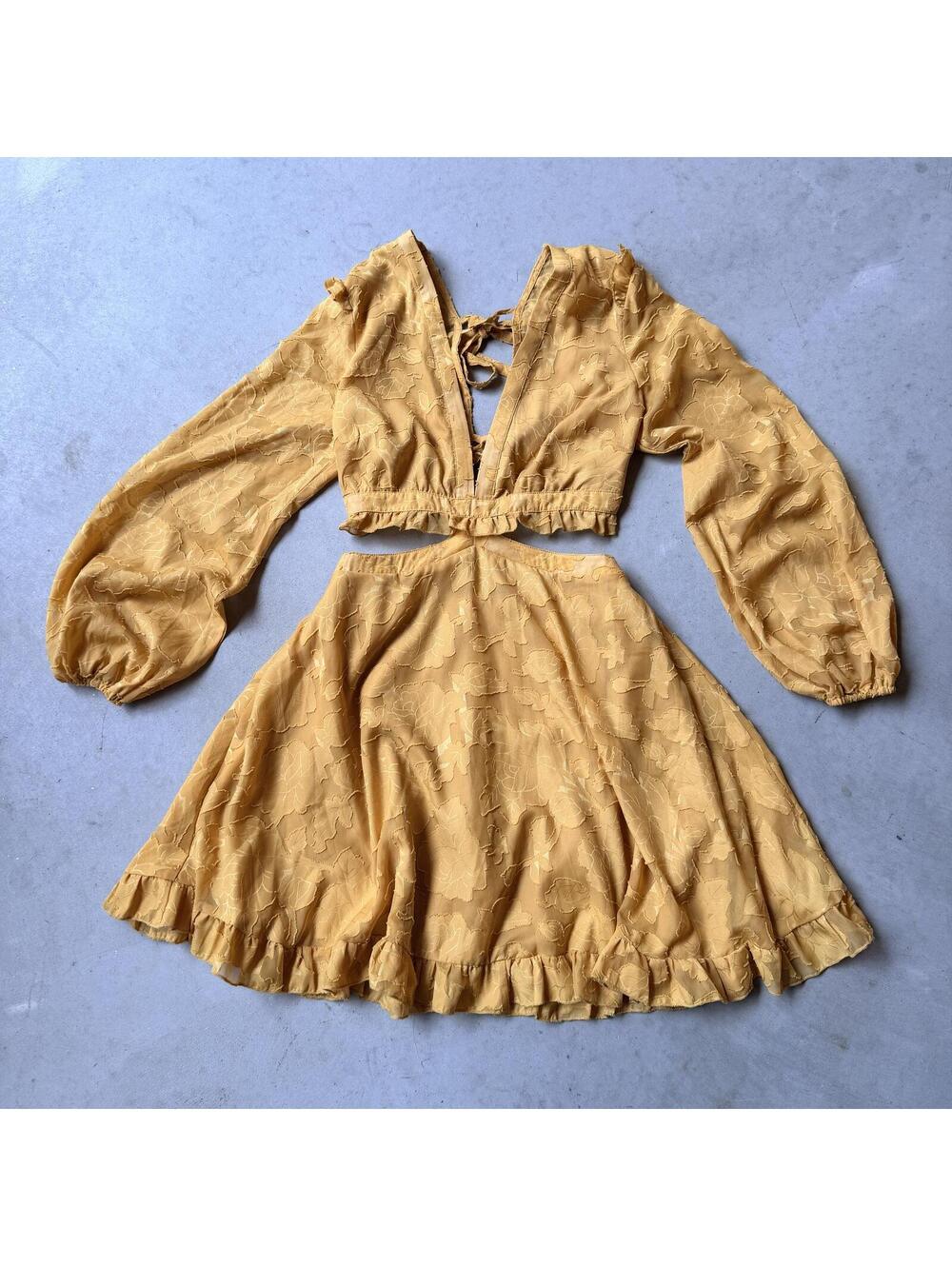 Glamaker Mustard Yellow Dress with Long Puff Sleeves and Cutout Detail Size M